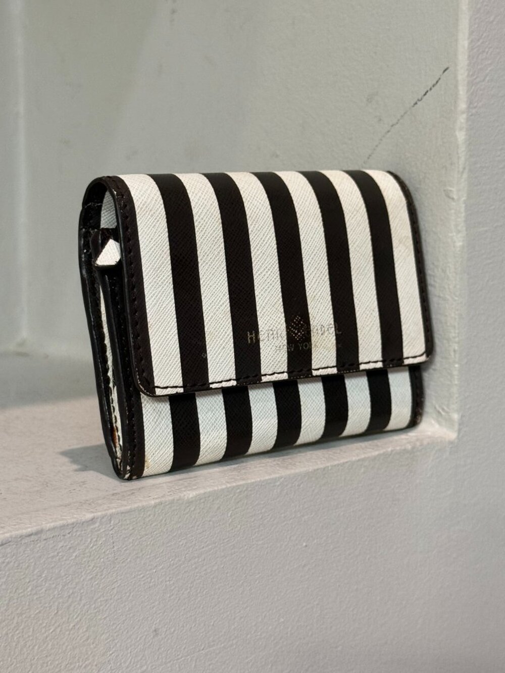 Henri Bendel Centennial Stripe Black White Compact Wallet ID Card Holder